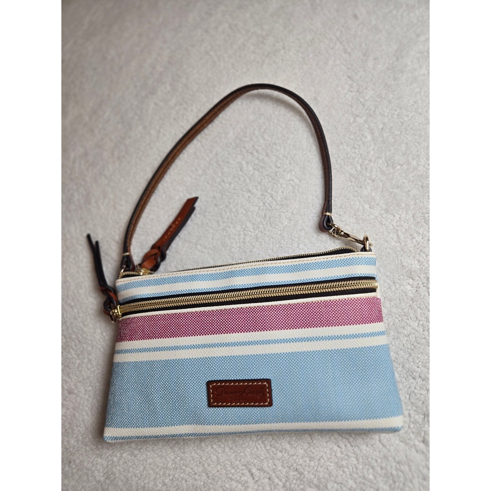 Dooney & Bourke Striped Coated Canvas Wristlet Blue White Magenta Leather Trim